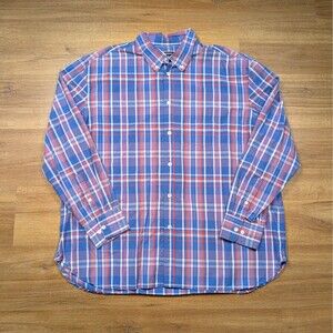 J Peterman Button Down Shirt Men’s XXL Plaid Flannel Blue Red Cotton Casual